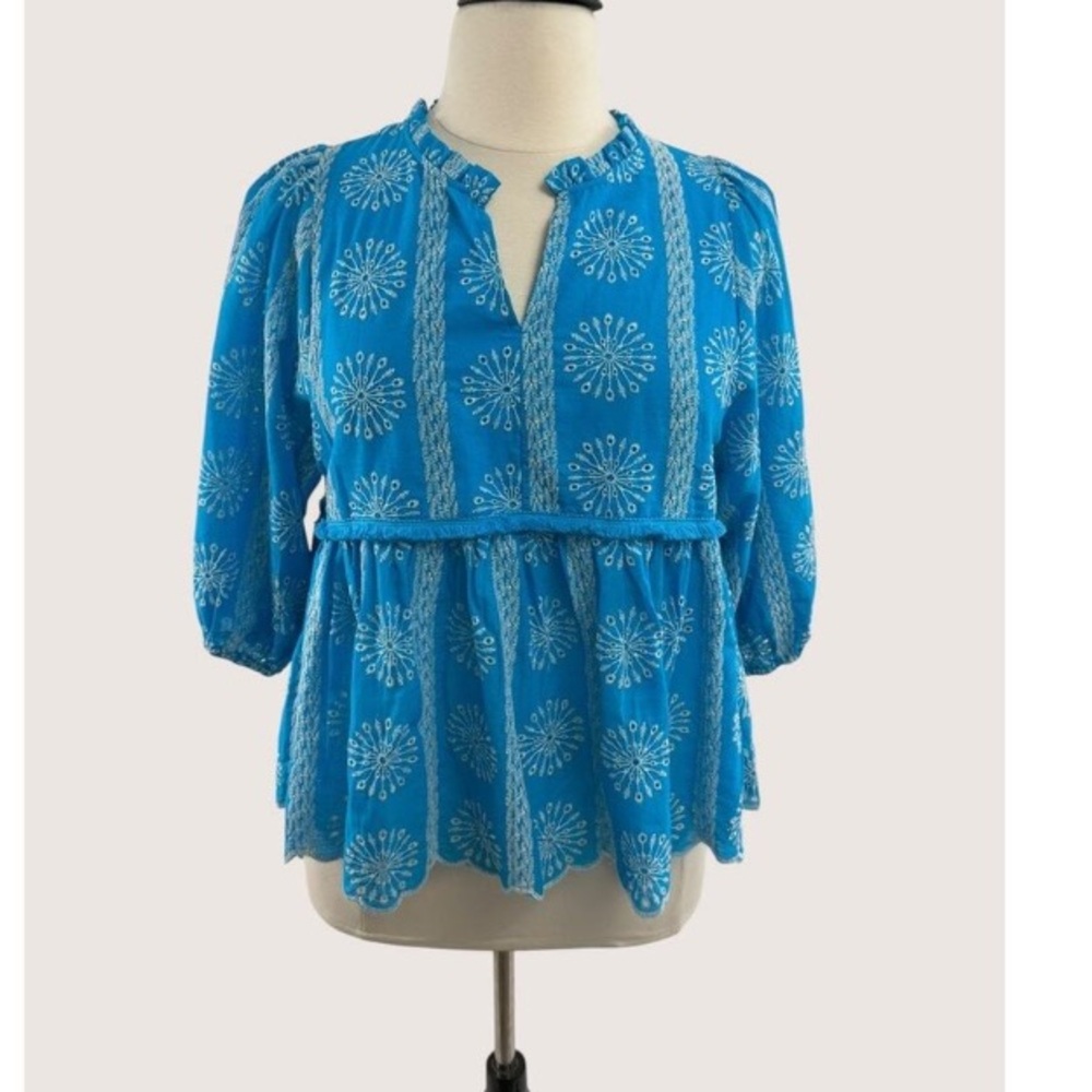 Umgee Blue Floral Embroidered Blouse